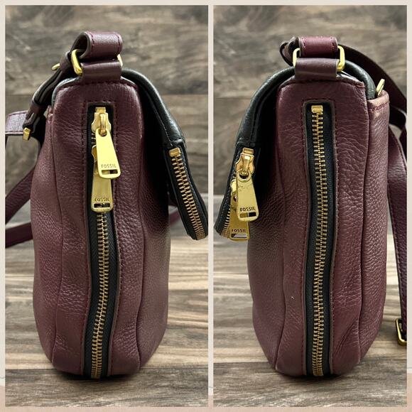 Fossil Leather Zipper Crossbody Shoulder Satchel Saddle Bag Black Burgundy - Picture 7 of 14